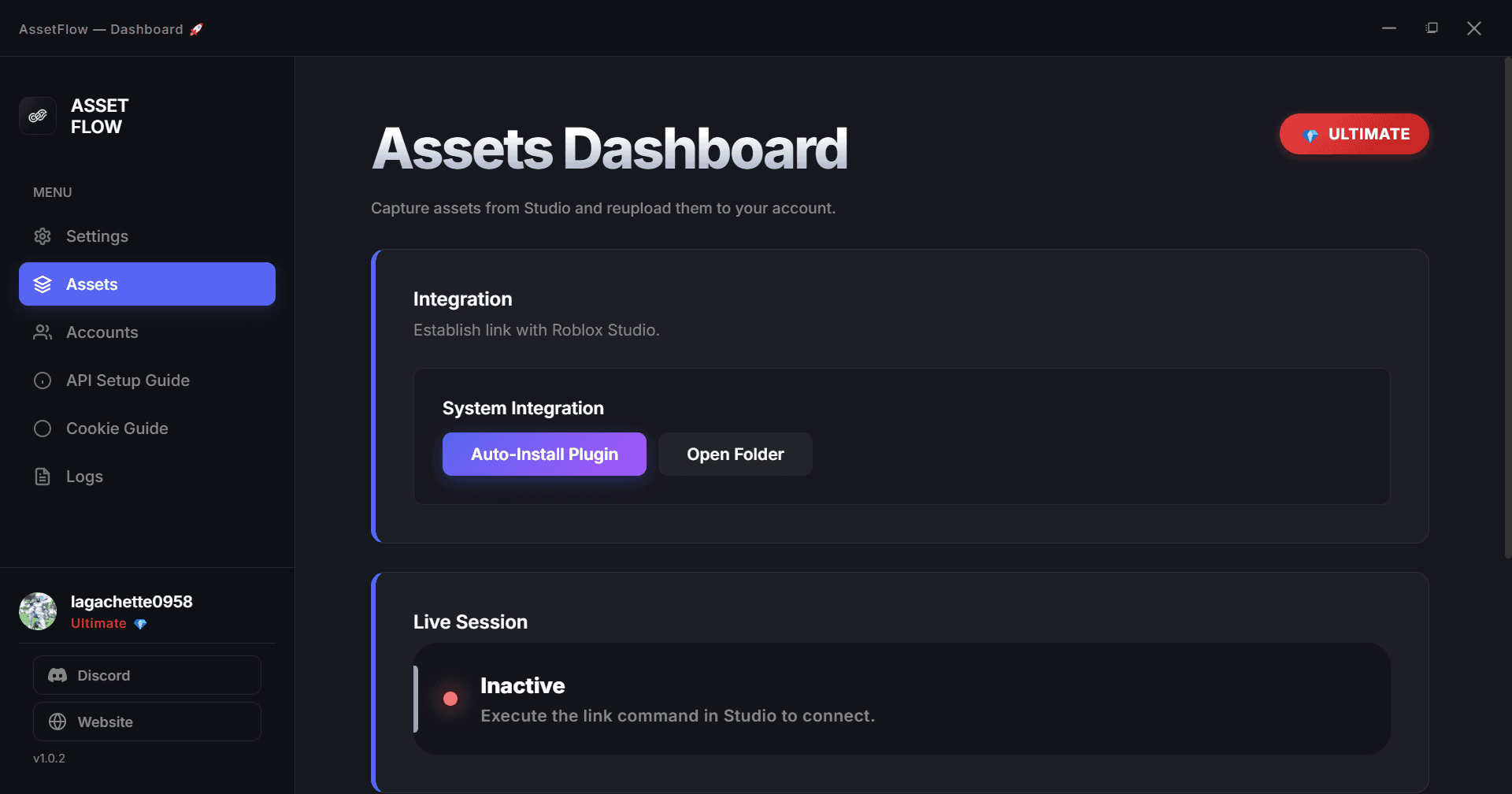 AssetFlow app — Assets Dashboard showing Integration, Live Session, and Scan Game Assets